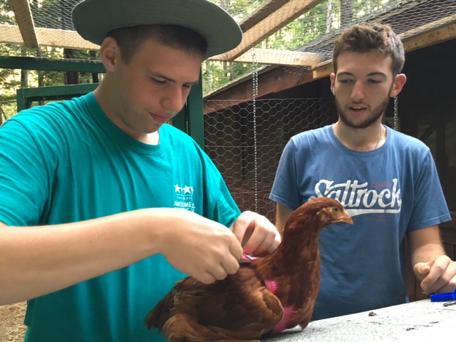 Camp Counselor and camper teen holding a chicken at Camp Starfish